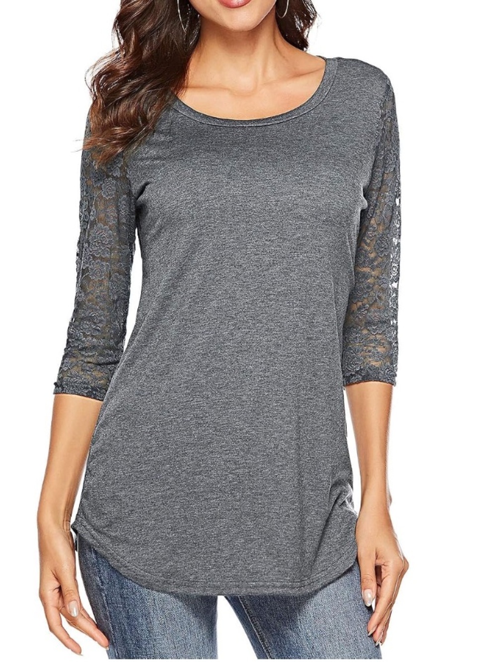 Koitmy Women’s 3/4 Lace Sleeve Gray Round Neck T-Shirt, Large